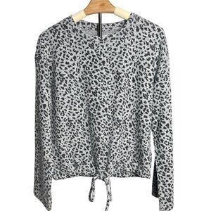 ALLFENIX | Leopard Print Cinch Tie Front Sweater Gray Black Cozy Soft